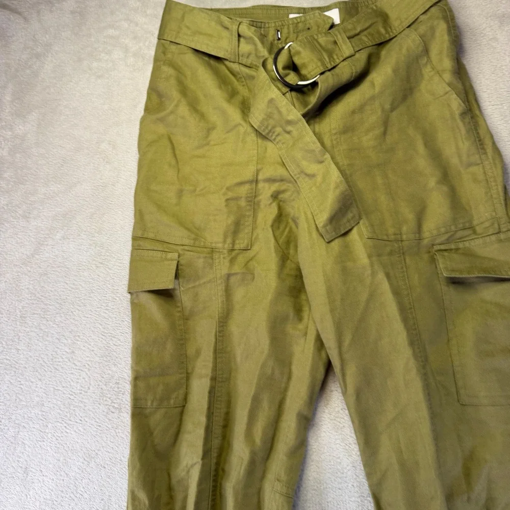Quince Organic Cotton Linen Cargo Pants Olive Green Belted Utility Trousers XS